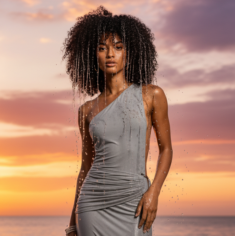 Woman in a grey dress standing in the water at sunset