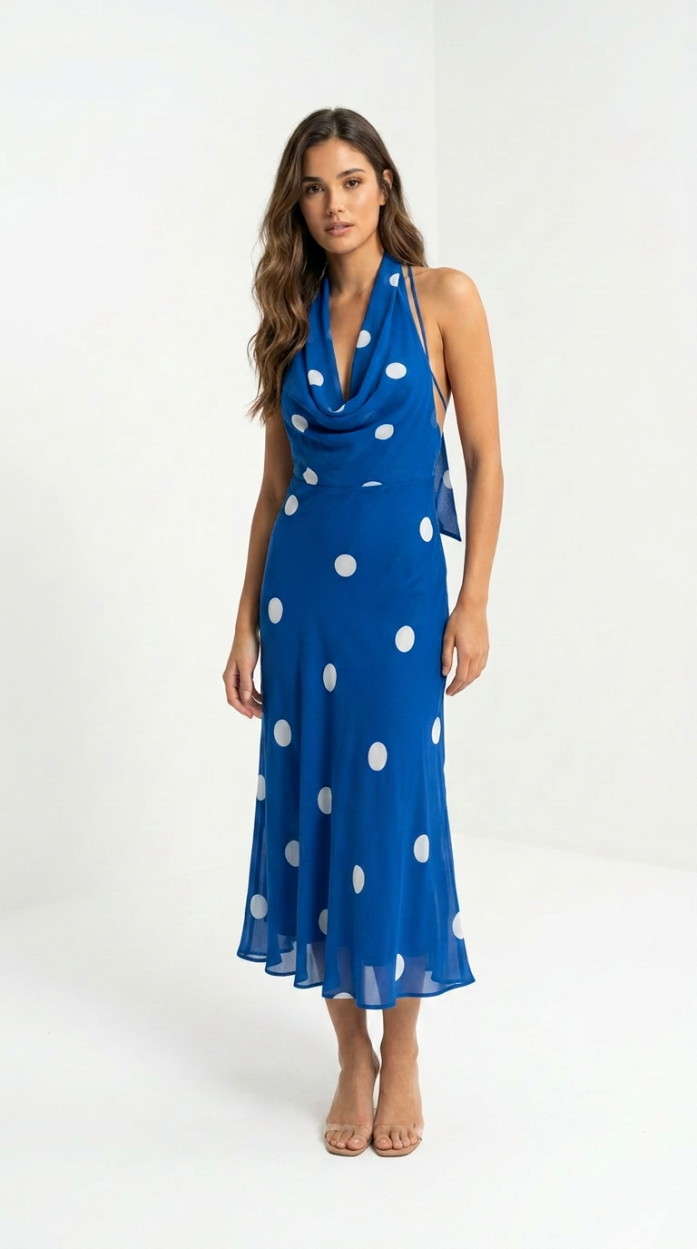 Woman wearing a Waterbabes blue dress with white polka dots on a white background
