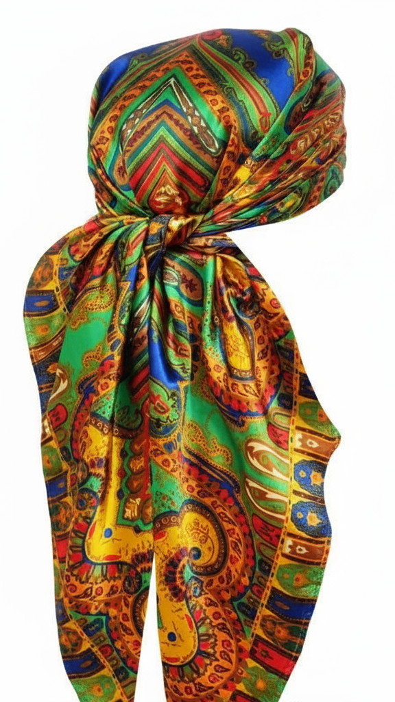 Colorful patterned headscarf on a white background