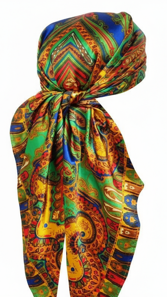 Colorful patterned headscarf on a white background