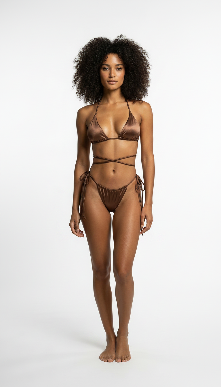Woman wearing a Waterbabes brown bikini on a white background