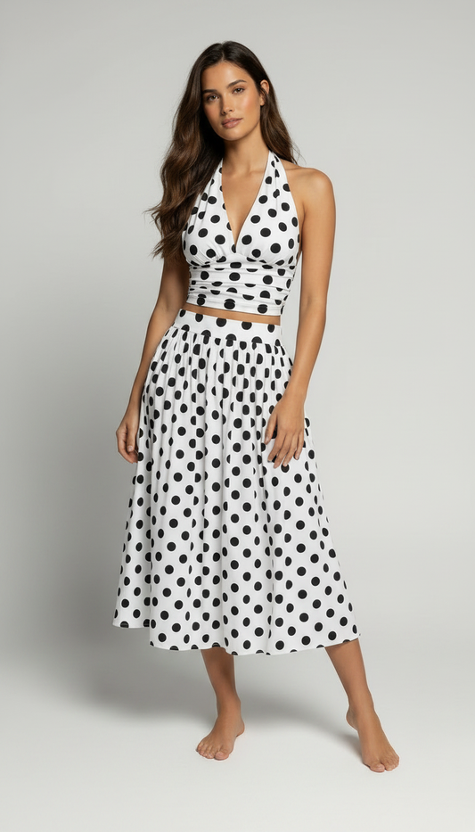 Woman wearing a Waterbabes black and white polka dot dress on a plain background