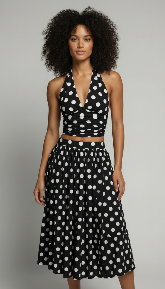 Woman wearing a Waterbabes black and white polka dot dress against a grey background