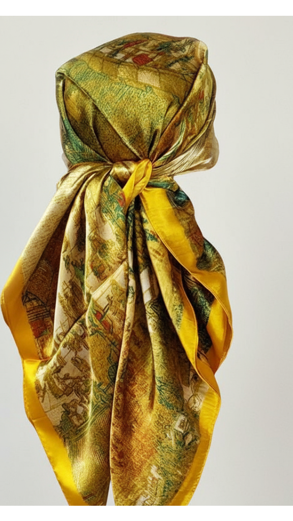 Yellow patterned headscarf on a light gray background