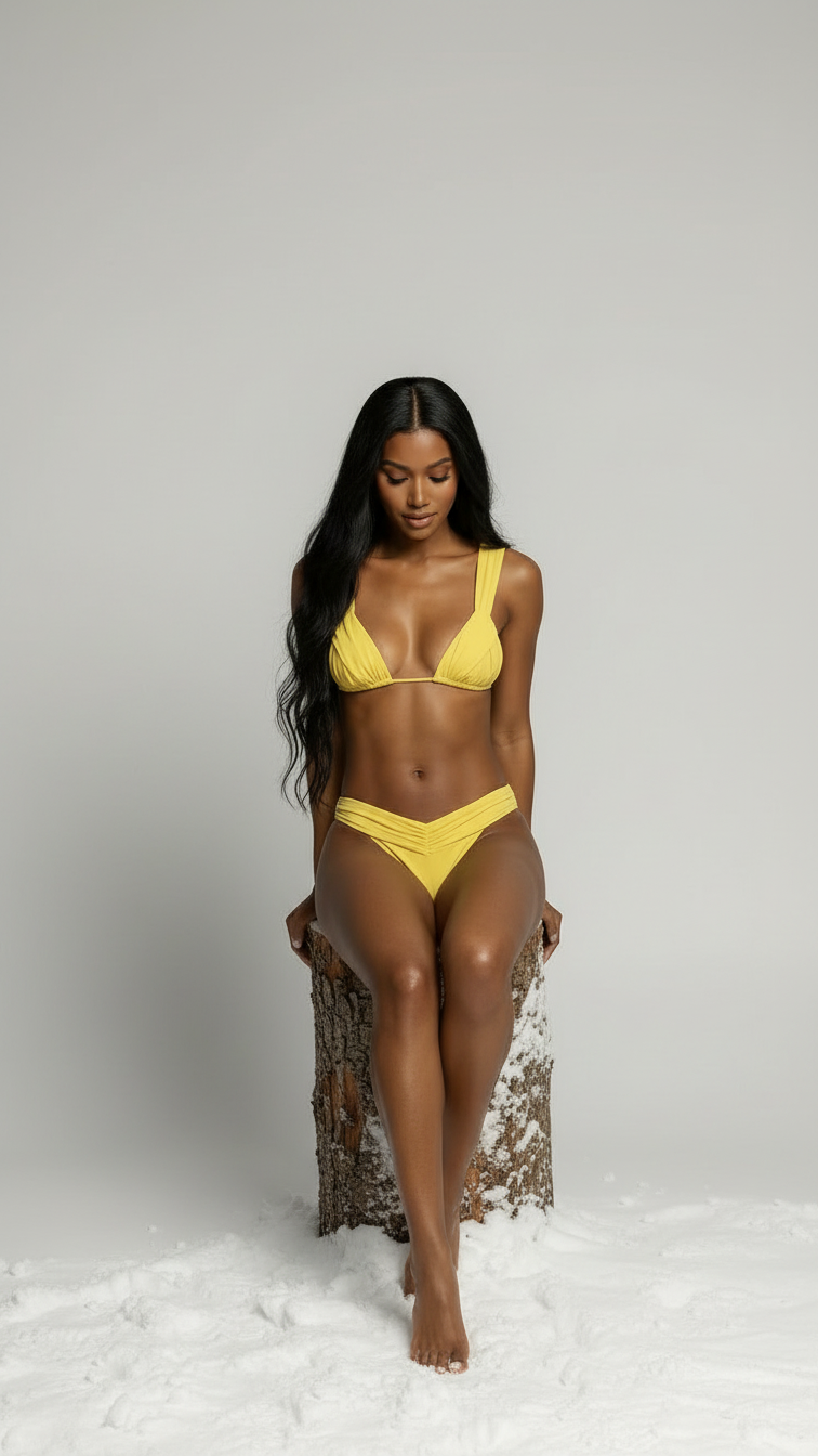 Woman wearing a yellow bikini standing on a white background