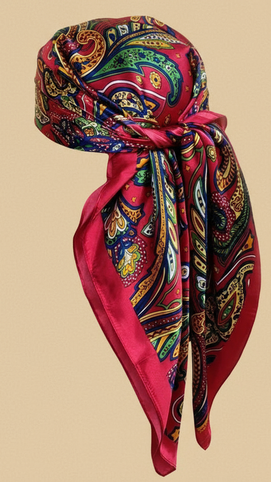 Colorful headscarf with paisley pattern on a beige background