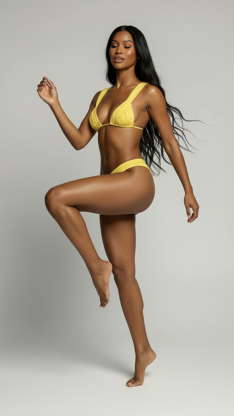 Woman wearing a yellow bikini against a plain background