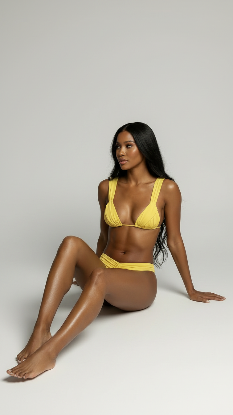 Woman wearing a yellow bikini sitting on a light gray background