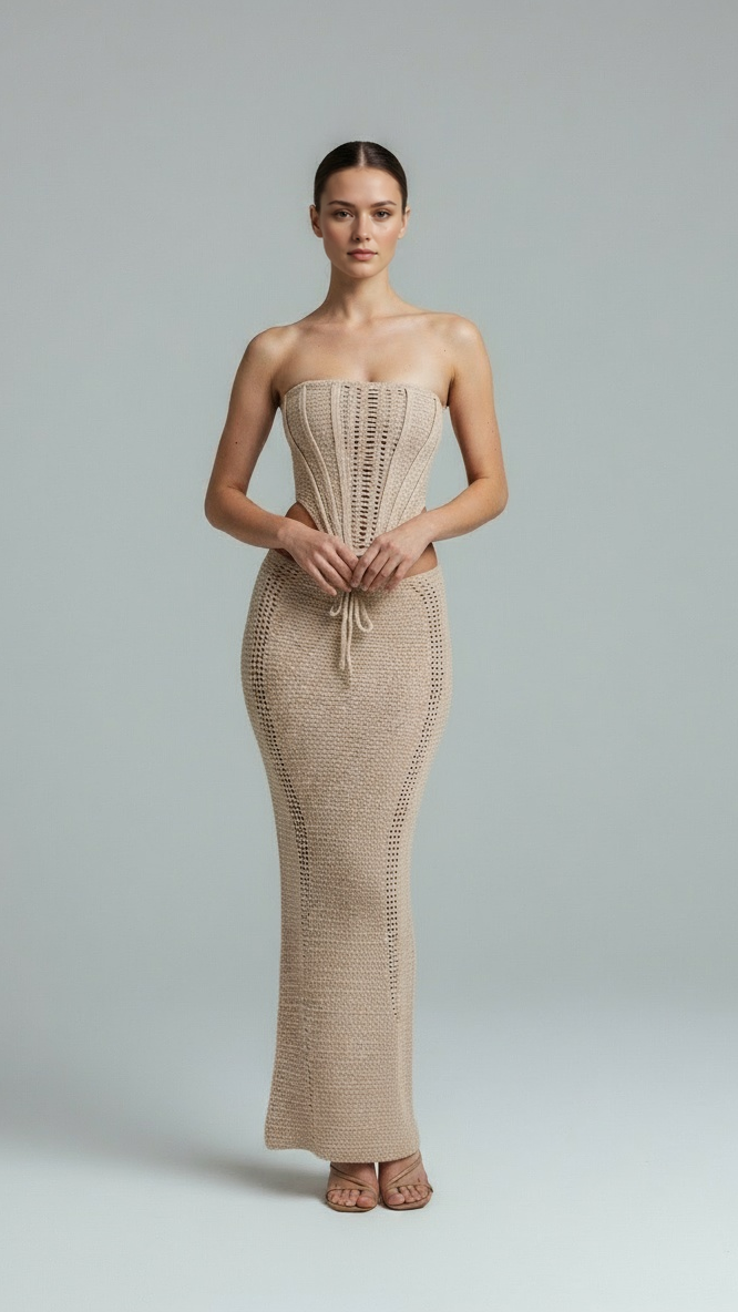 Woman wearing a camel strapless two-piece against a plain background