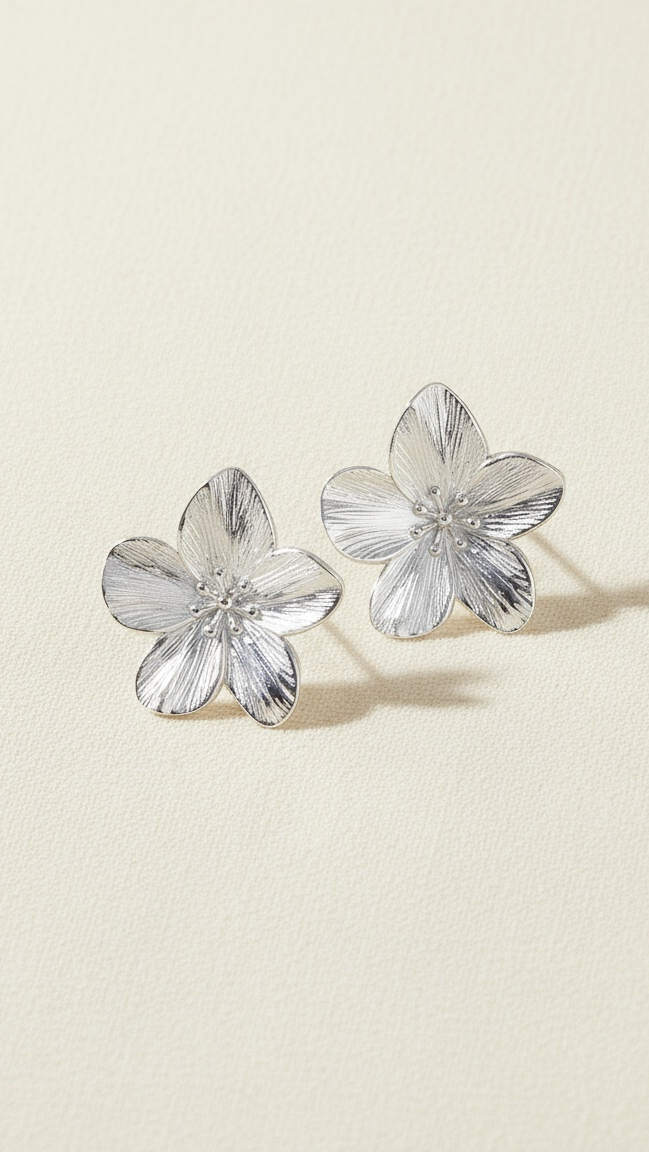 Flower-shaped silver earrings on a beige background