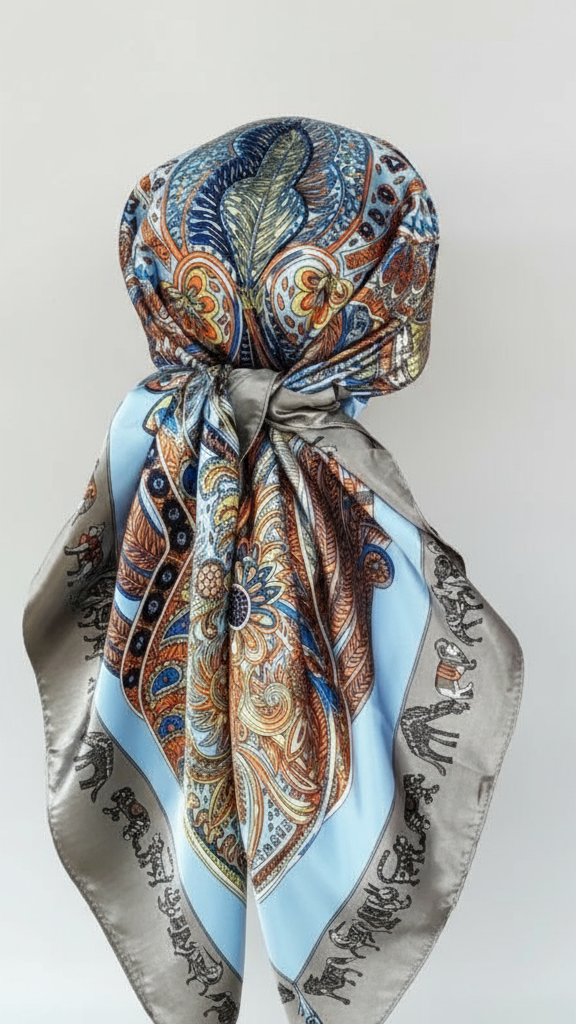 Colorful patterned headscarf on a white background