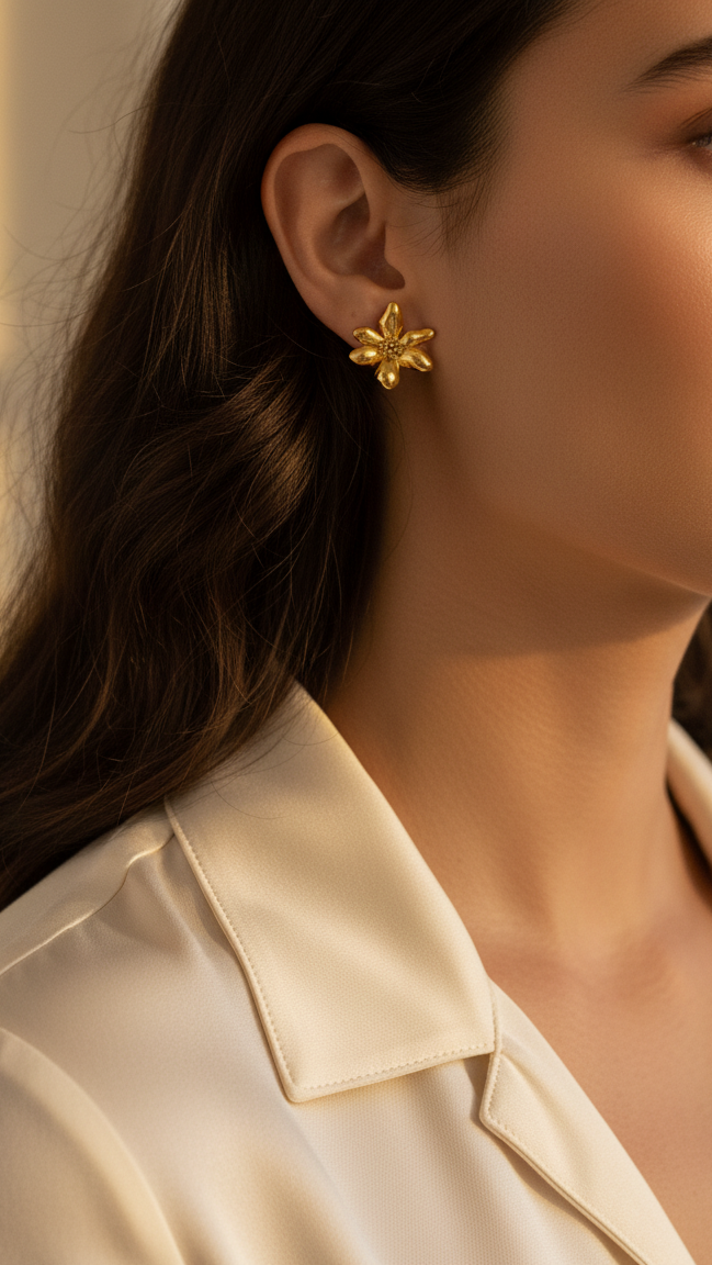 Close-up of a woman wearing gold earrings with a blurred background